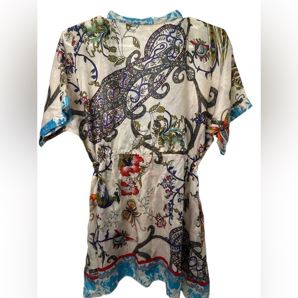Johnny Was Ivory Floral Silk Short Sleeve V Neck Tunic Top Women’s S - Picture 3 of 7